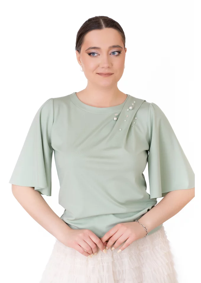 Bluza eleganta cu maneca clopot verde menta cu drapaj si perle
