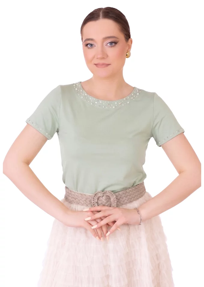 Bluza eleganta cu maneca scurta  verde menta decorata cu perle si strasuri