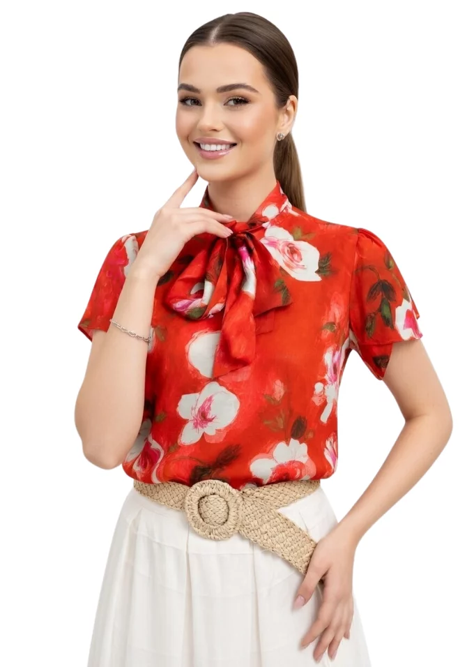 Bluza eleganta cu print floral pictural si esarfa