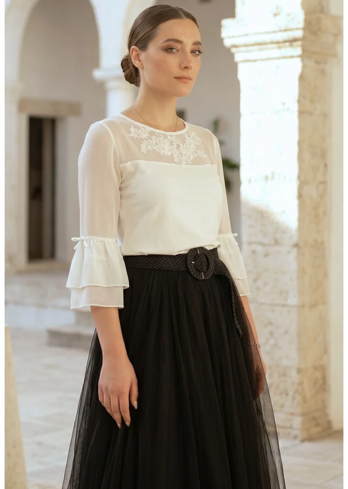 Bluza eleganta eclat blanche din jerse cu voal