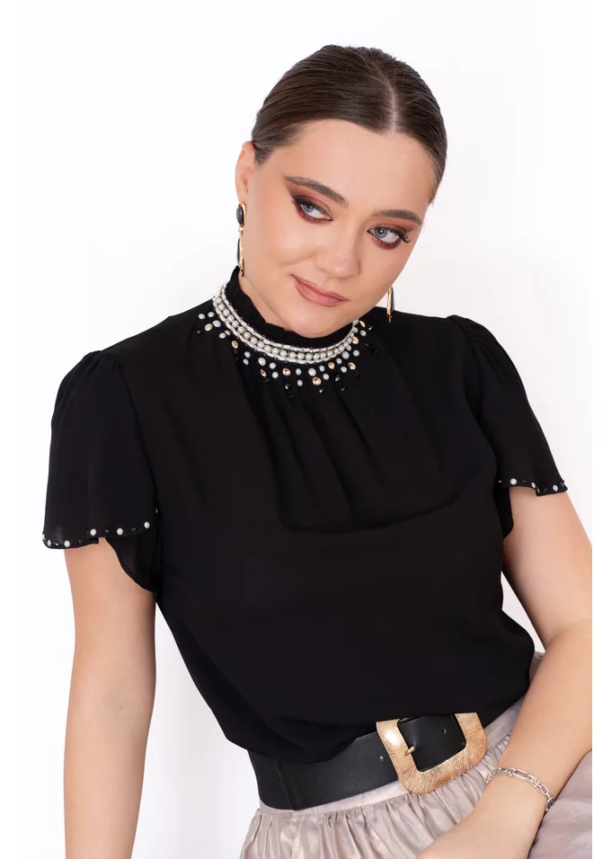 Bluza eleganta gliterry stone cu gat pietruit si maneci fine tip lalea