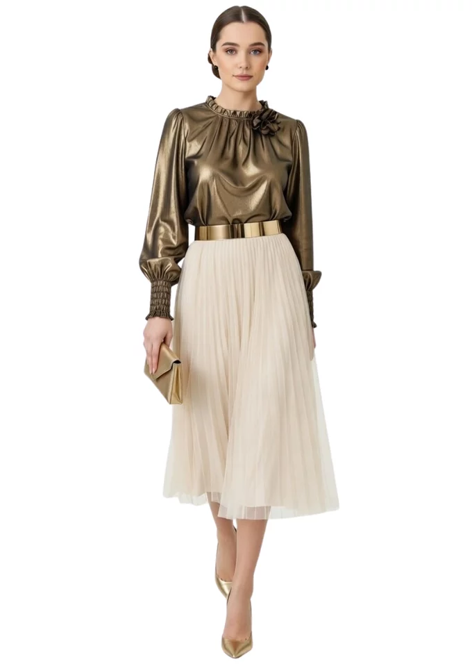 Bluza eleganta gold bronze din voal peliculizat decorata cu floare