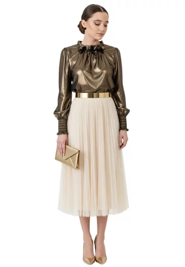 Bluza eleganta gold bronze din voal peliculizat decorata cu flori