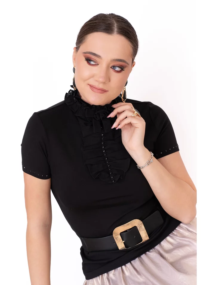 Bluza eleganta imperial din jerse cu funda ton in ton si strasuri