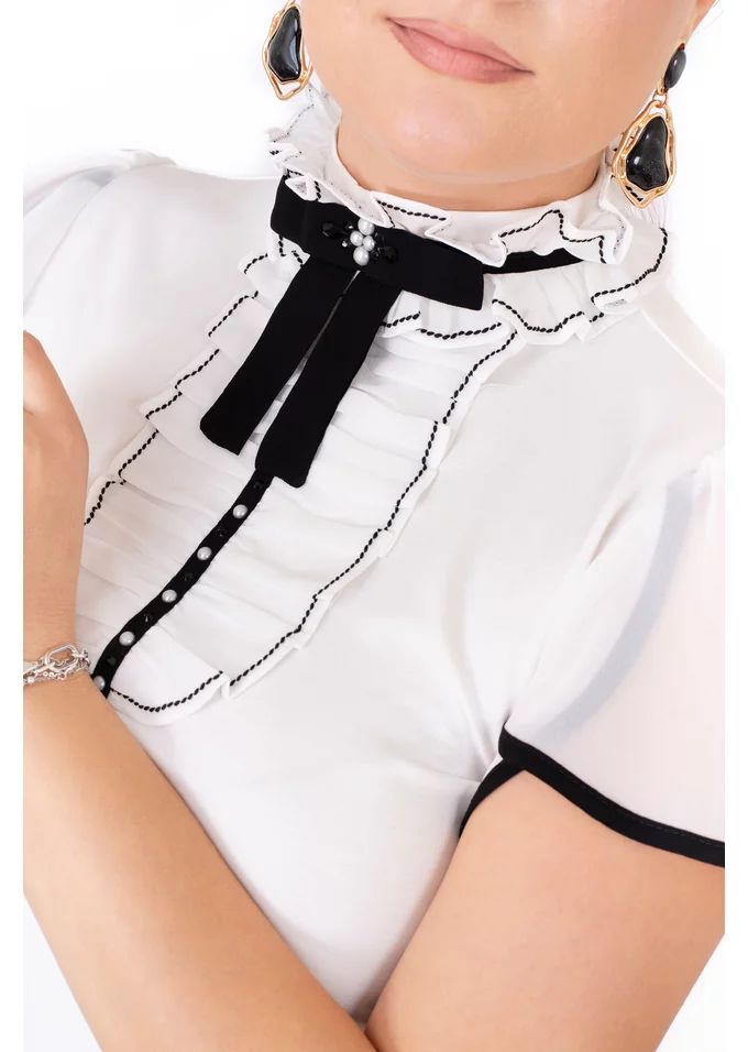 Bluza eleganta imperial din jersse cu funda in contrast si perle