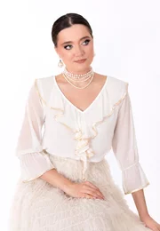 Bluza eleganta ivory cu accente gold si detaliu tip cascada