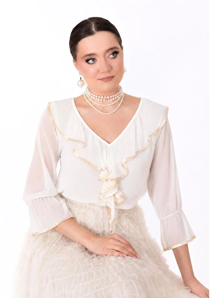 Bluza eleganta ivory cu accente gold si detaliu tip cascada
