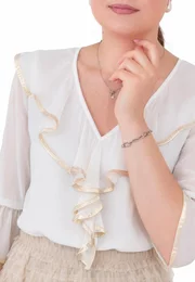 Bluza eleganta ivory cu accente gold si detaliu tip cascada
