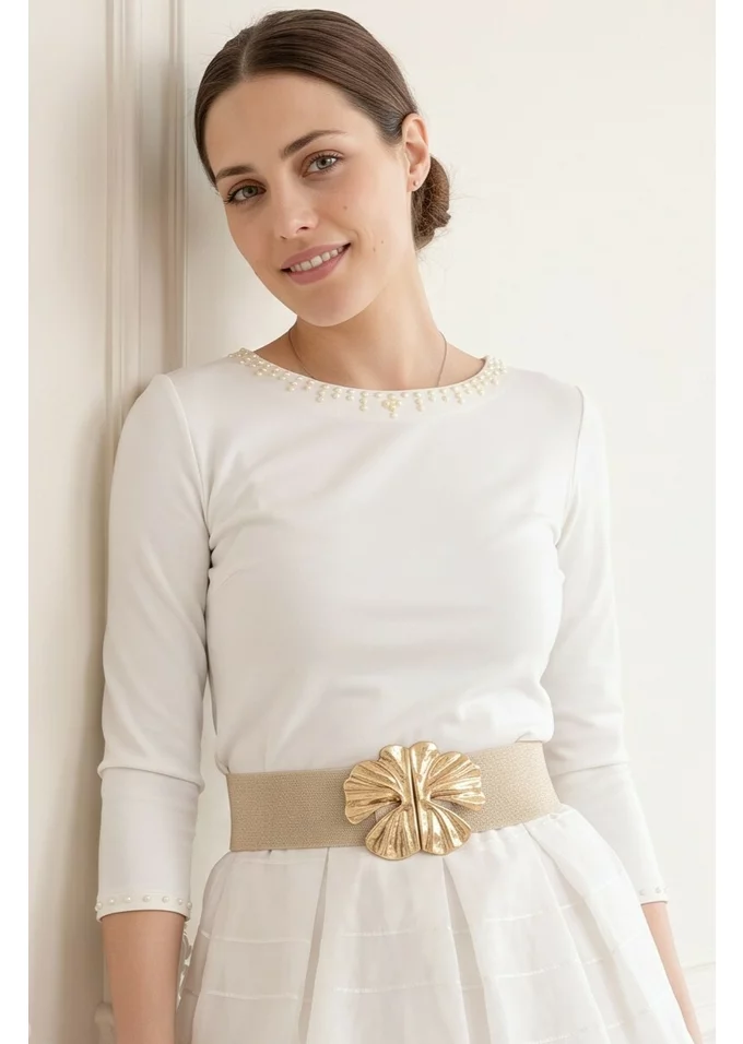Bluza eleganta ivory decorata cu colier din perle