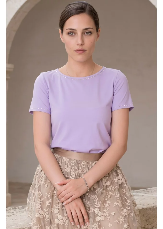 Bluza eleganta mov lavanda decorata cu perle si strasuri