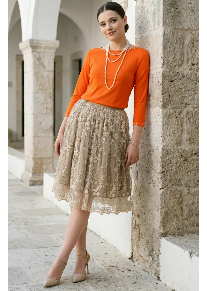 Bluza eleganta orange decorata cu perle