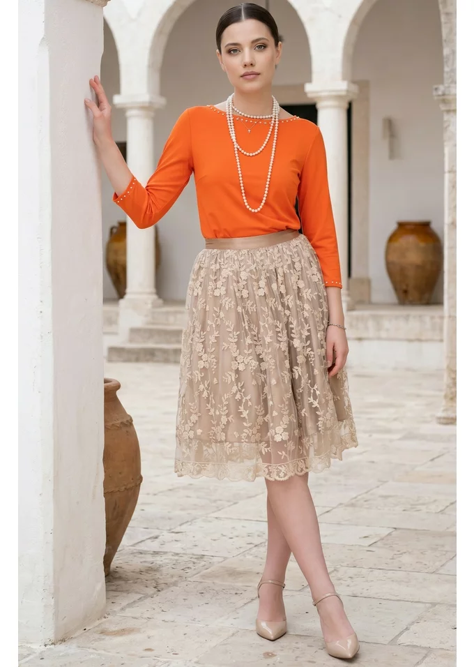 Bluza eleganta orange decorata cu perle si strasuri