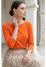 Bluza eleganta orange decorata cu perle si strasuri