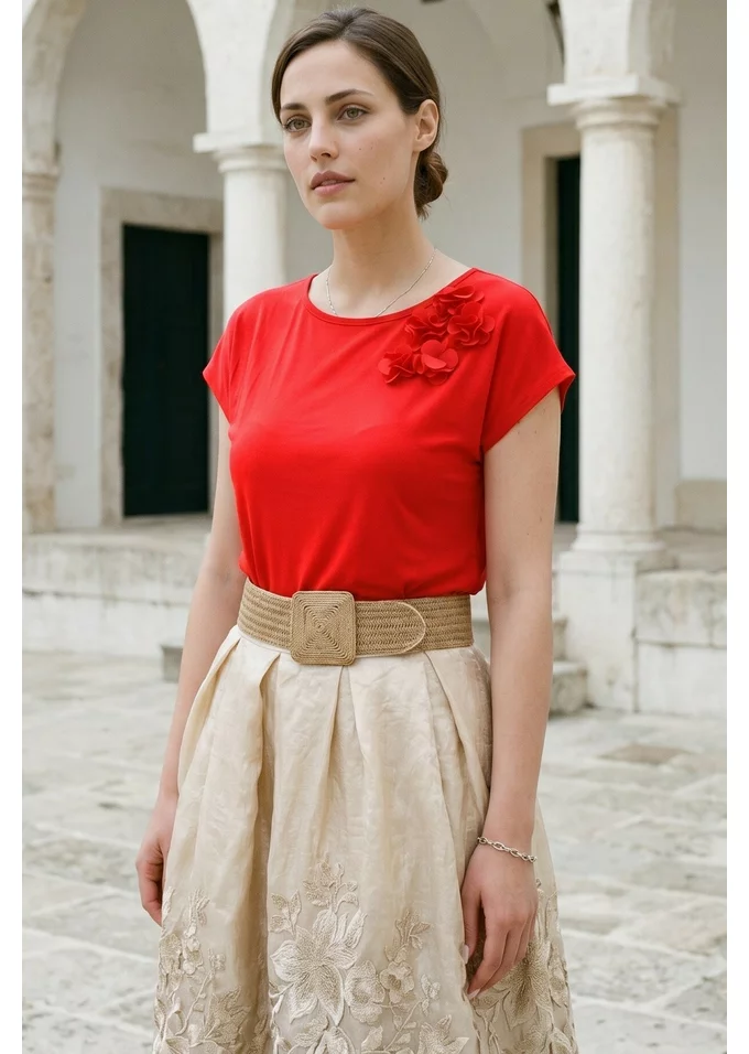 Bluza eleganta red currant tip chimono decorata cu flori