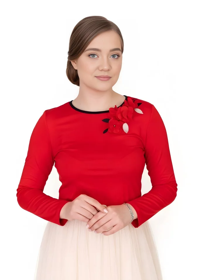 Bluza eleganta rosu aprins decorata cu flori si broderie