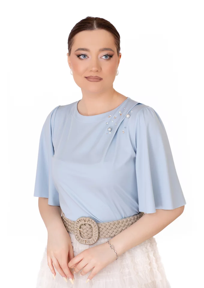 Bluza eleganta topaz sparkle cu maneca clopot si drapaj