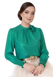 Bluza eleganta verde jad sidefat decorata cu floare