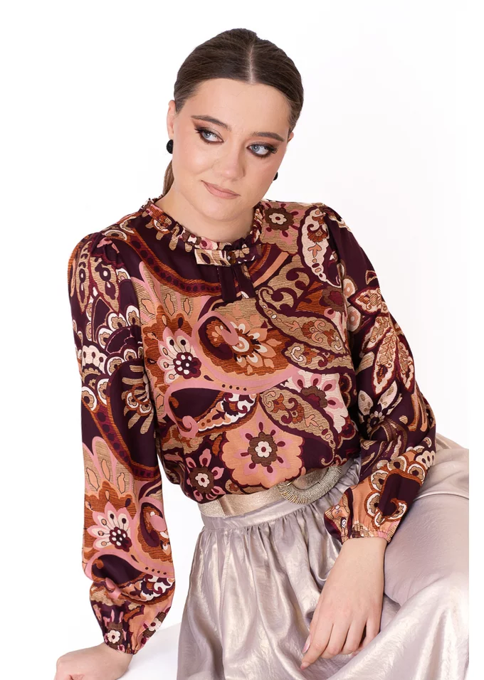 Bluza eleganta vintage paisley din vascoza imprimata decorata cu fundita