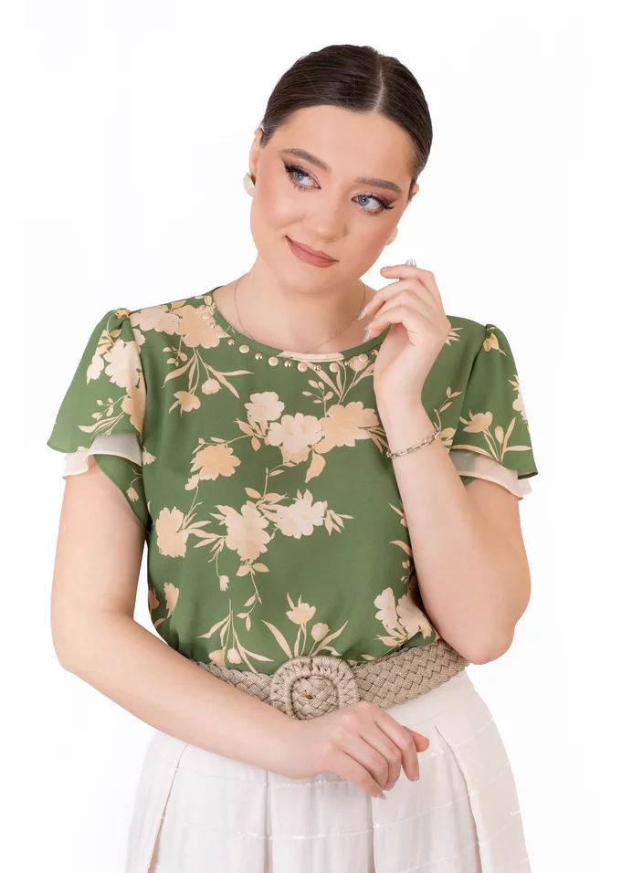 Bluza eleganta wild flowers din vascoza verde menta