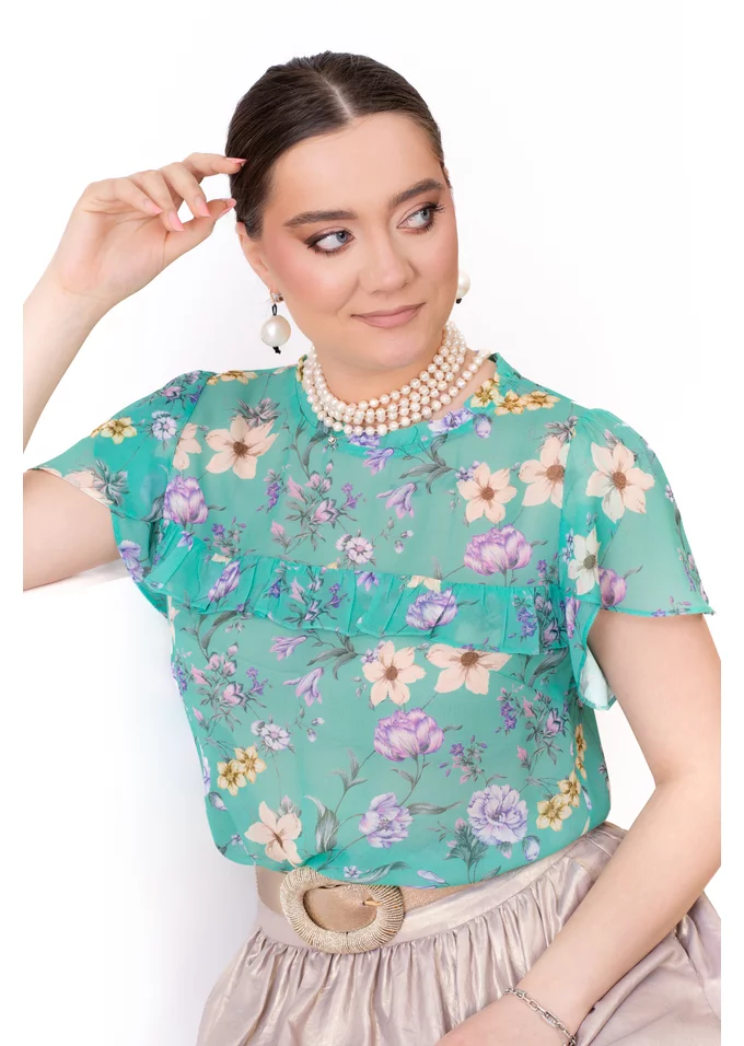 Bluza flower field mentol din vascoza fina cu maneci tip lalea