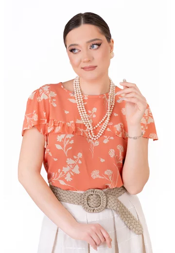 Bluza fuzz peach cu volanas din vascoza florala