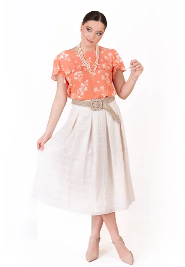 Bluza fuzz peach cu volanas din vascoza florala