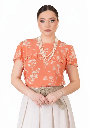 Bluza fuzz peach cu volanas din vascoza florala