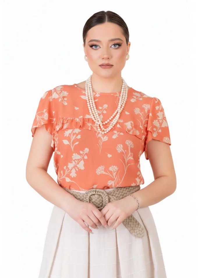 Bluza fuzz peach cu volanas din vascoza florala