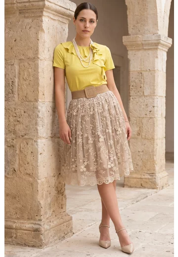 Bluza galben neon cu volanas si floare
