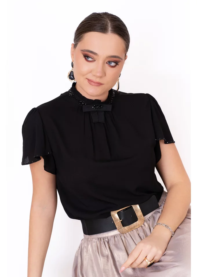 Bluza glam bow din vascoza neagra cu detalii glittery