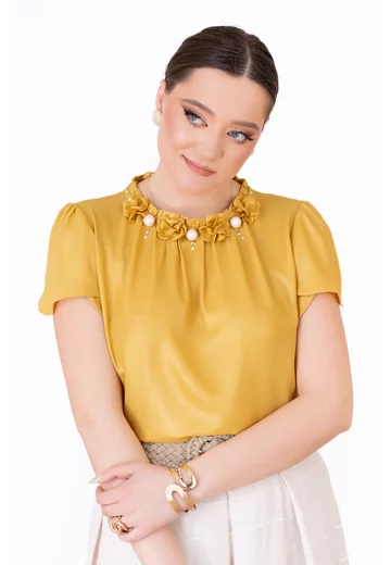 Bluza glittery din voal peliculizat galben copt