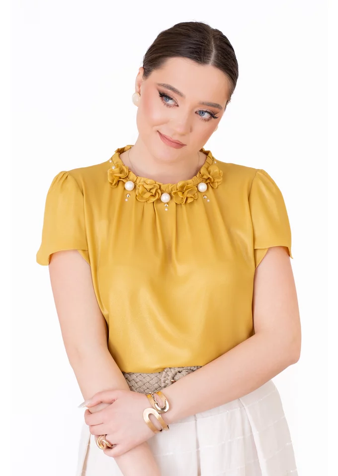 Bluza glittery din voal peliculizat galben copt