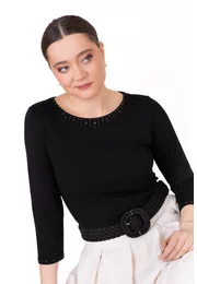 Bluza neagra decorata cu explozie din strasuri ton in ton