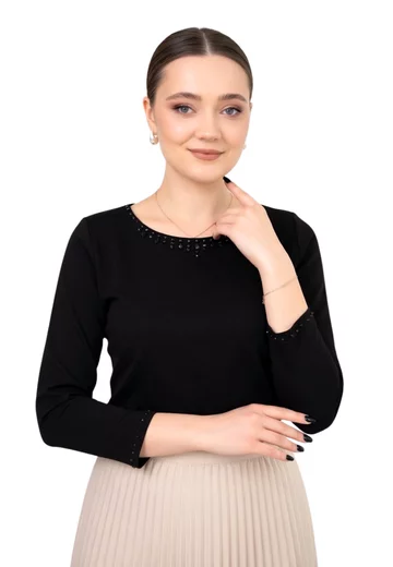 Bluza neagra decorata cu explozie din strasuri ton in ton