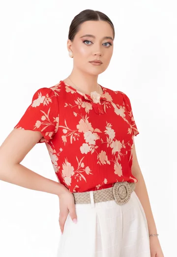 Bluza rafinata absolute red rosu mac cu print floral
