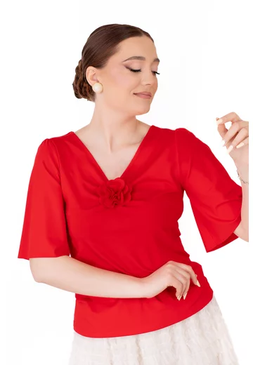 Bluza red currant cu decolteu in V si trandafir