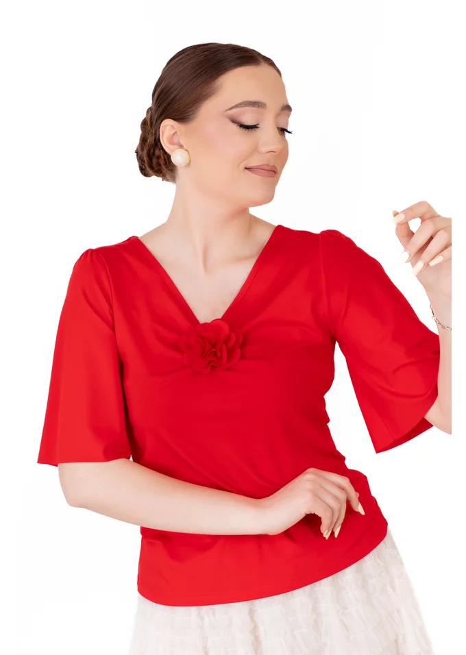 Bluza red currant cu decolteu in V si trandafir
