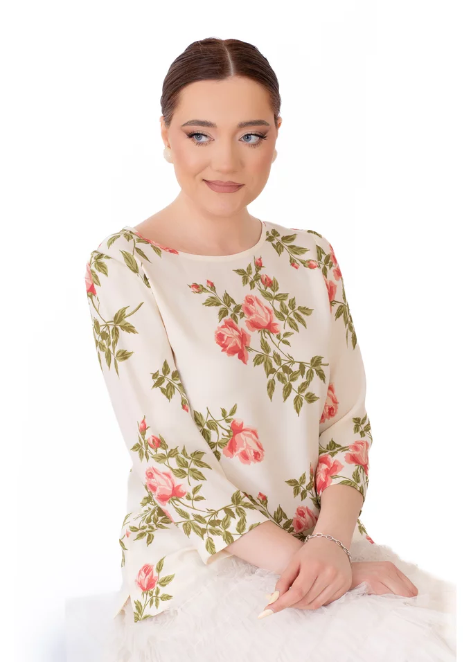 Bluza romantica din vascoza cu imprimeu rose