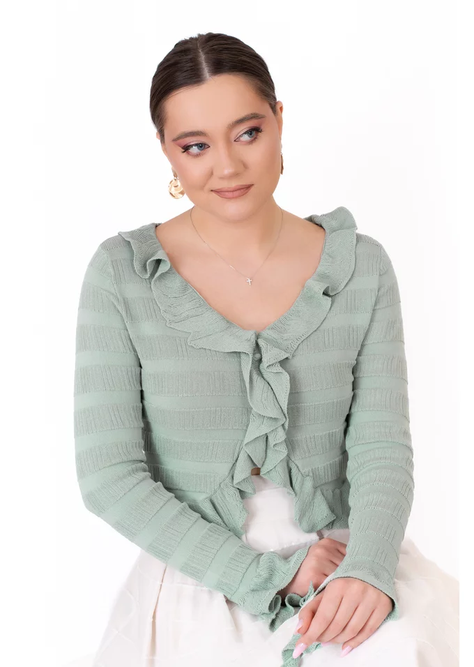 Bluza romantica verde mentol cu decoteu in V si volane