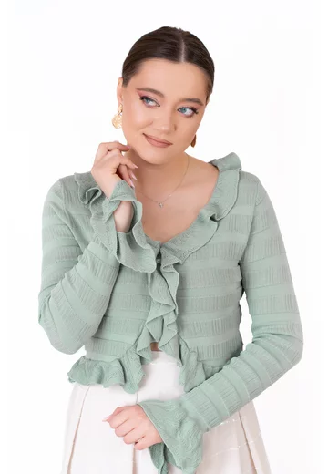 Bluza romantica verde mentol cu decoteu in V si volane
