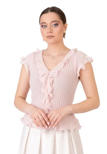 Bluza roz pudra cu volane decorative