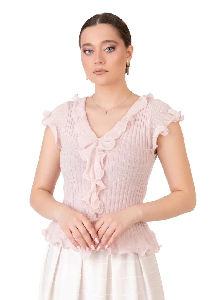 Bluza roz pudra cu volane decorative