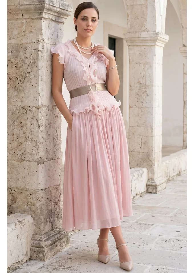 Bluza roz pudra cu volane decorative