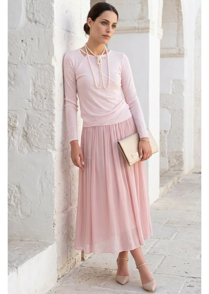Bluza roz pudra din tricot fin cu detaliu petrecut