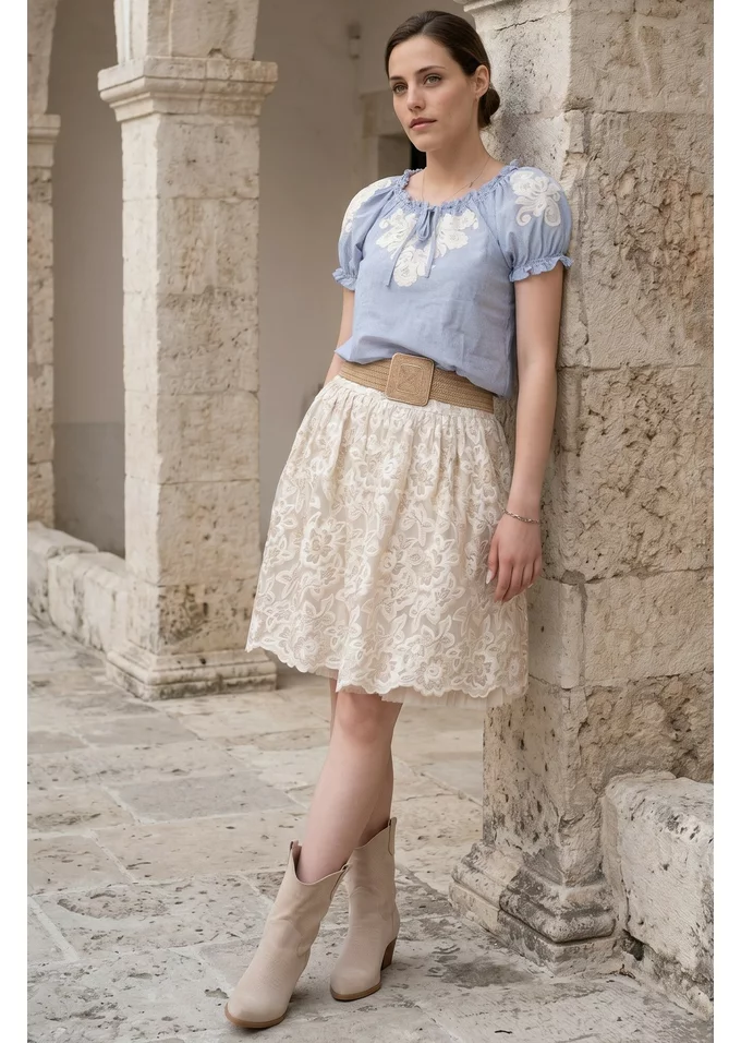 Bluza soft embroidery din bumbac organic cu dungi fine bleo crem