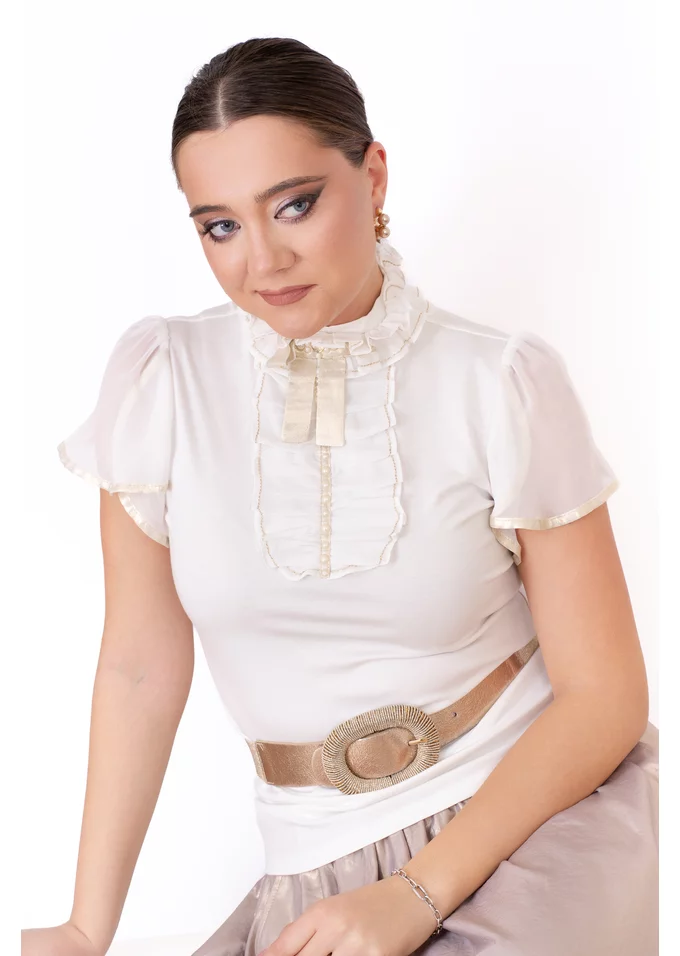 Bluza sweet glam din jerse cu funda aurie si jabou