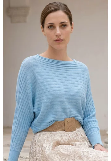 Bluza tricotata albastra cu manci tip chimono si paiete fine