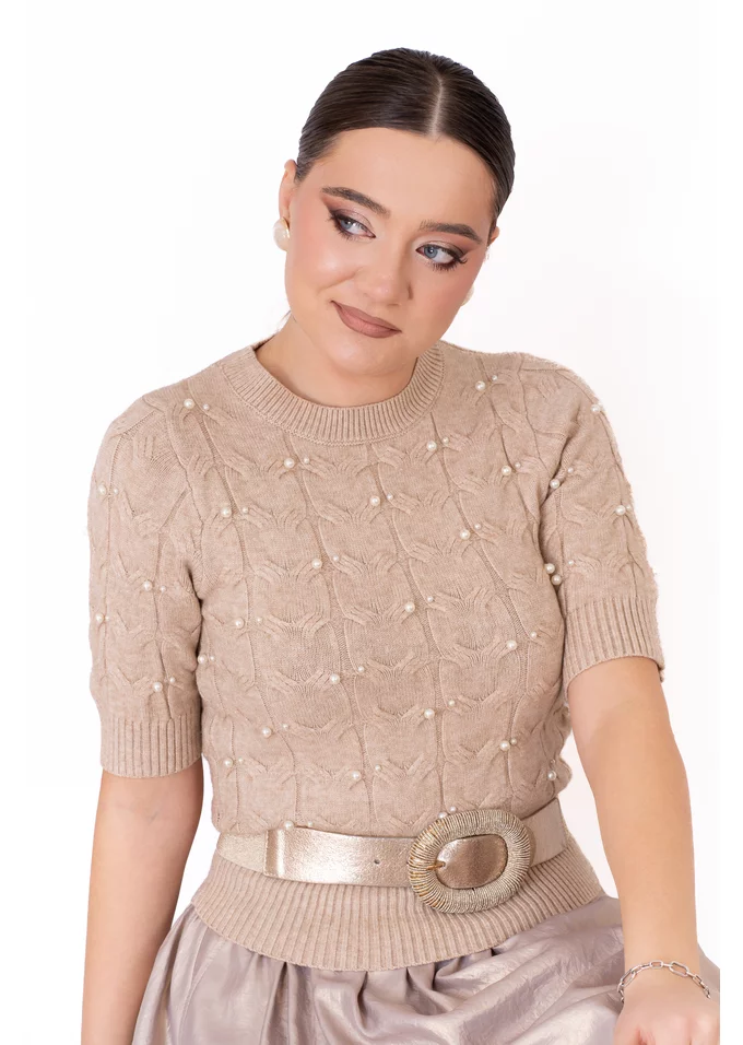 Bluza tricotata bej cu maneca scurta si perle