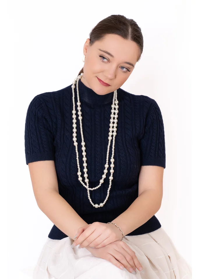 Bluza tricotata bleumarin cu torsade si  maneca scurta