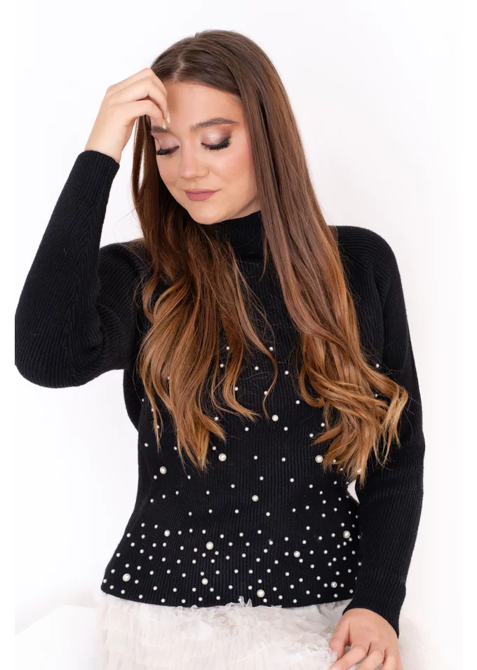 Bluza tricotata neagra cu maneca lunga si perle